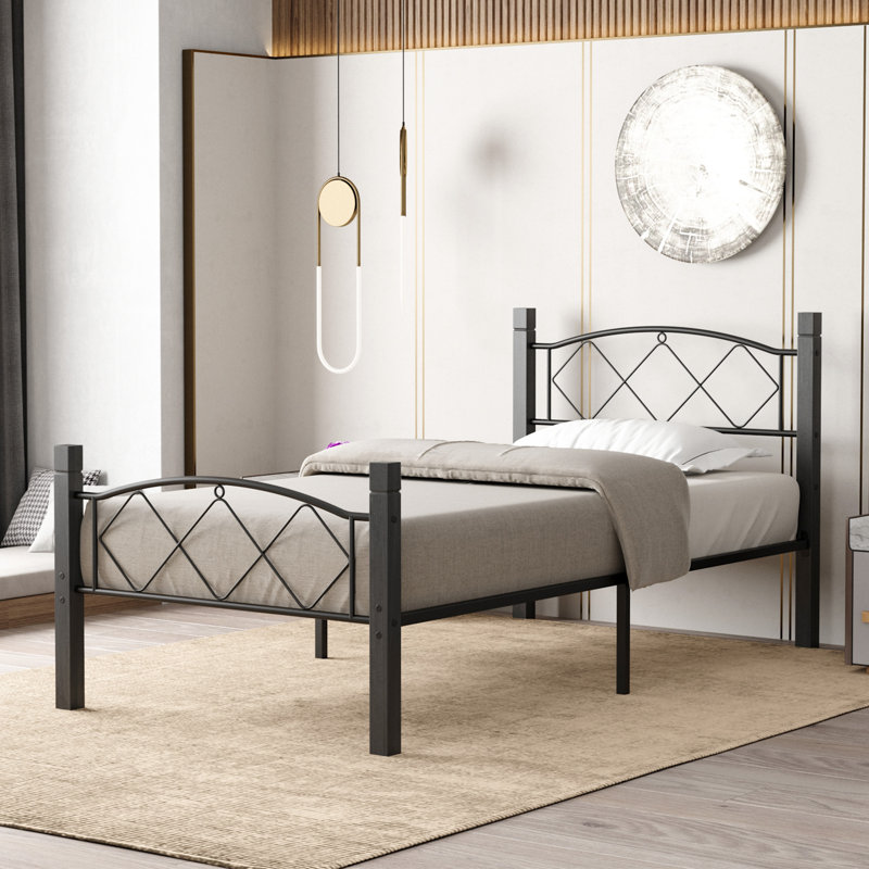Krishara Hercules Twin Size Solid Wood Posts with Metal Bed Frame, Black