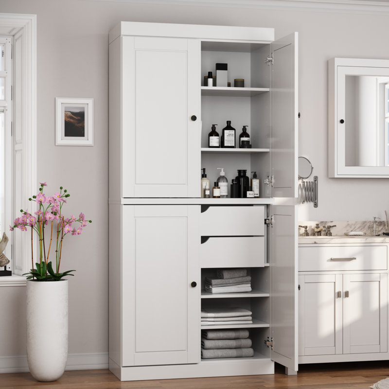 Armoire pour salle de bain autoportante 100% bois massif avec portes, 2 tiroirs et tablettes réglables l 32 po x H 71,5 po - Rangement modulaire