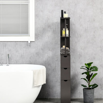 54" Tall Linen Storage Cabinet, Freestanding Bathroom Tower With 2 Shelf And Drawers, Space Saving Narrow Organizer, Brown Floor Color