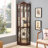 Lighted Glass Display Cabinet With Adjustable Shelves And Carved Cherry Decoration, Perfect For Home Or Office Use-632284891