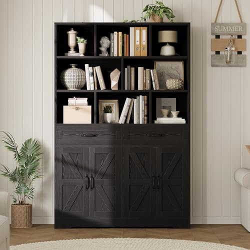 71in Tall Bookcase with 2 Drawers & 4 Doors, 6-Tier 47in Wide Large Modern Bookshelf and Bookcase Storage Cabinet, Black