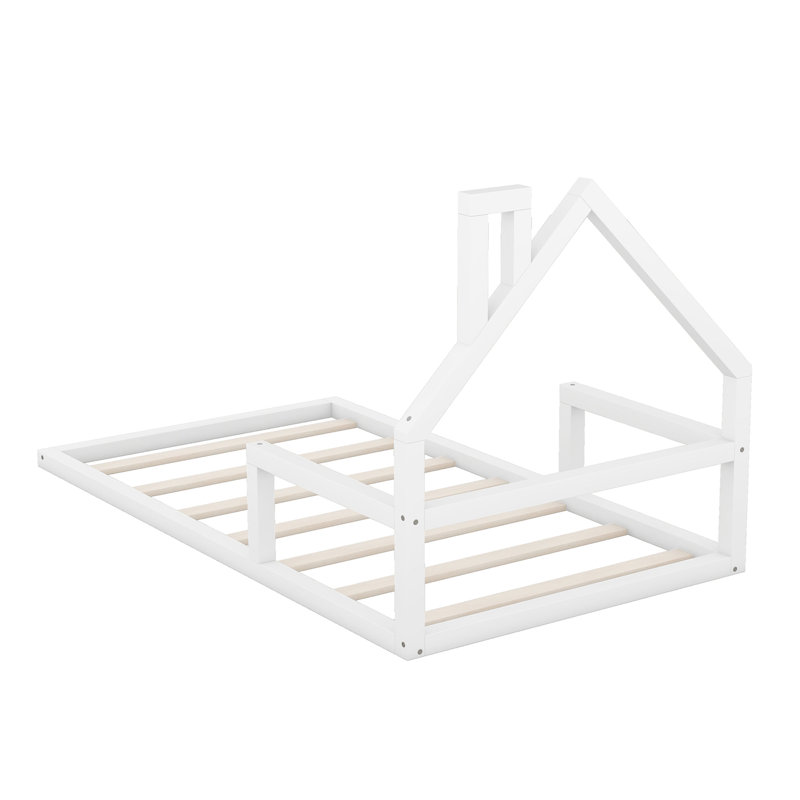 Roof-framed Headboard Floor Bed with Headboard Guardrails Kids Bed Montessori Floor Bed Without Slats , Twin, White