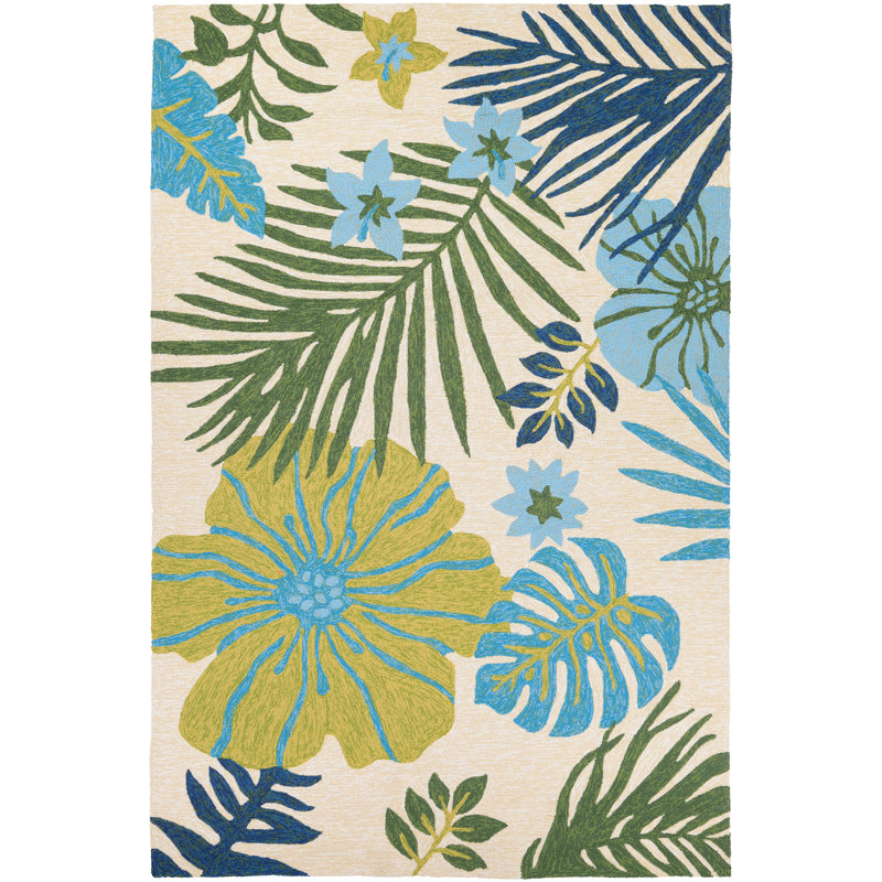 Stowthewold Floral Ivory Fern Green Handmade Indoor Outdoor Area Rug, Rectangle 2' x 4'
