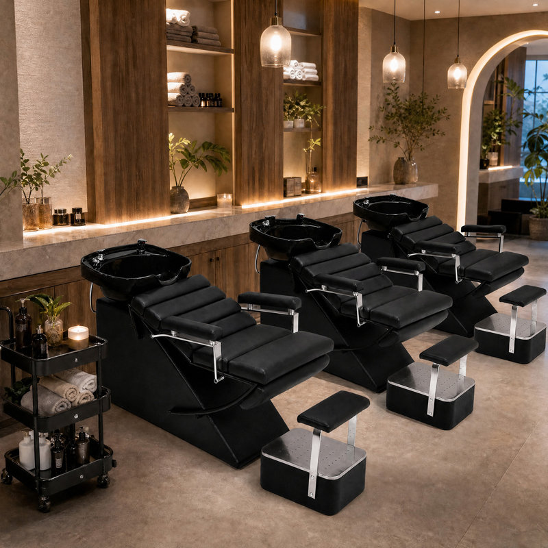 Table de shampoing flottante moderne pour salon de coiffure avec repose-pieds et bassin en ABS, capacité de 250 kg, revêtement en cuir PU imperméable, noir avec accents dorés