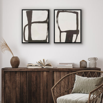 Art mural en toile 16 x 20 avec coups de pinceau géométriques noirs - fond blanc - ensemble de 2 - art mural abstrait