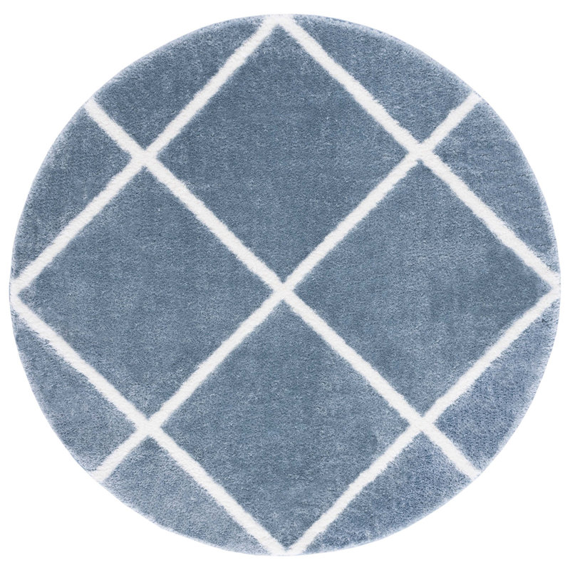 Geometric Blue/White Area Rug, Round 6'7"