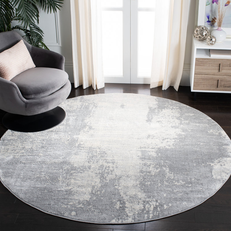 Adilene Abstract Light Gray/Ivory Area Rug, Round 6'7"