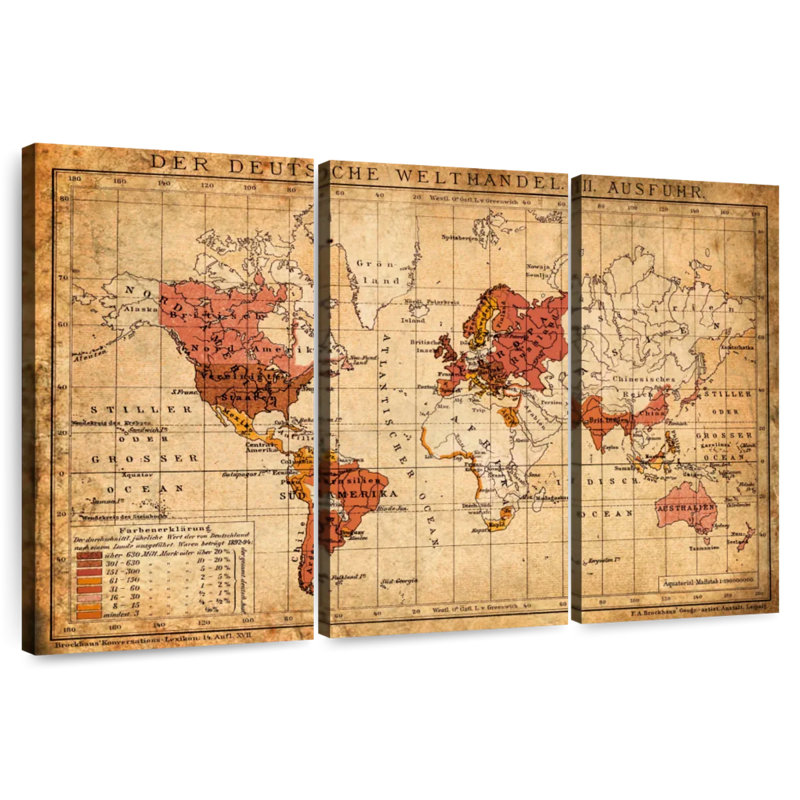 Ancienne carte du monde allemand, H 24 po x l 38 po