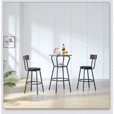 Round bar table and stool set with shelf, upholstered stool with backrest
