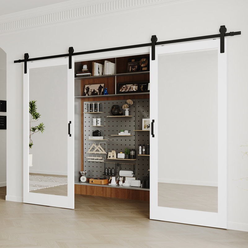 Porte de grange - Panneau coulissant en panneau de fibres à densité moyenne blanc avec panneau coulissant et ensemble de quincaillerie pour garde-manger, garde-robe