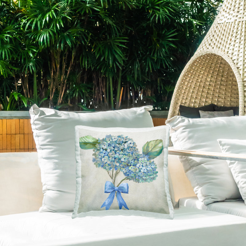 Hydrangea Beauty & Bow Outdoor Printed Pillow design by Nan, Flowers 1