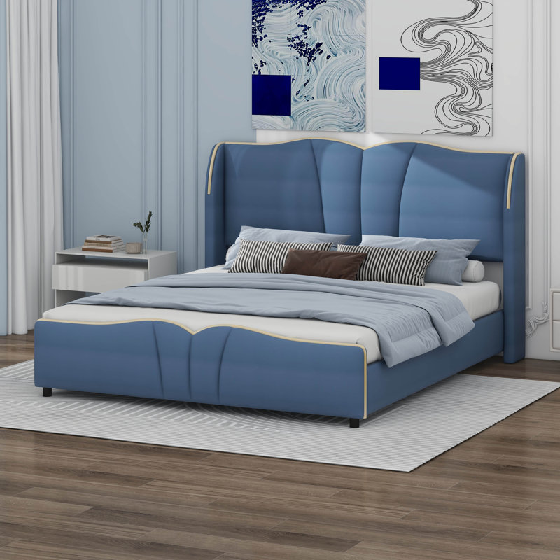 Structure de lit moderne avec tête de lit à oreilles, lit plateforme tapissier avec pied de lit ondulé, Grand, Bleu antique