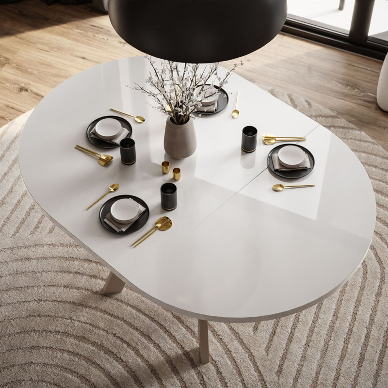 Extendable Round Metal Base Dining Table, White Gloss, Cashmere
