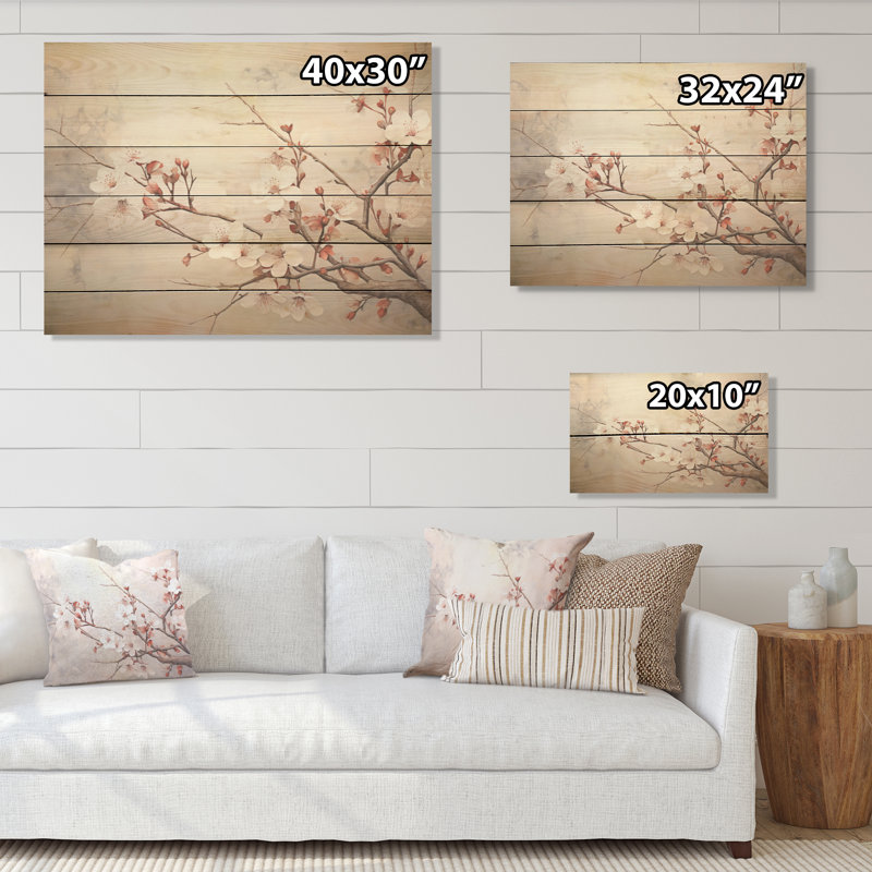Minimalisme, fleur de cerisier beige sur bois de pin naturel, H 10 po x l 20 po