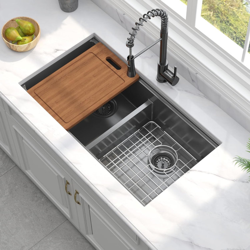 33'' L Black Double Bowl Undermount Workstation 16 Gauge Stainless Steel Kitchen Sink
