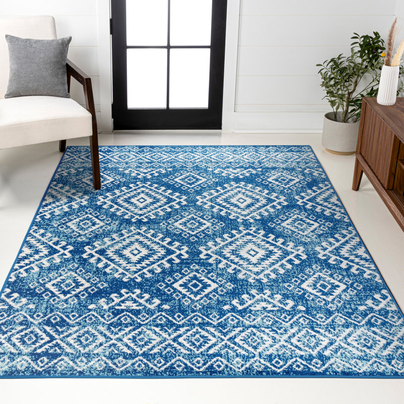 Tybalt Moroccan HYPE Boho Vintage Tribal Blue/White Rug, Rectangle 4' x 6'