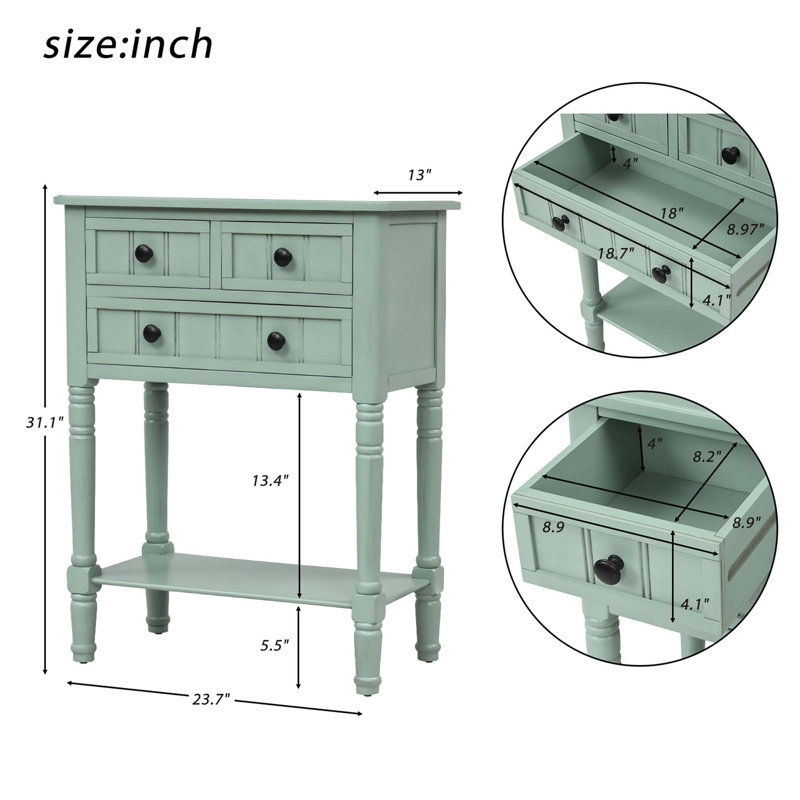 Barbe Narrow Console Table, Slim Sofa Table Sideboards Buffets with Three Storage Drawers and Bottom Shelf, Green