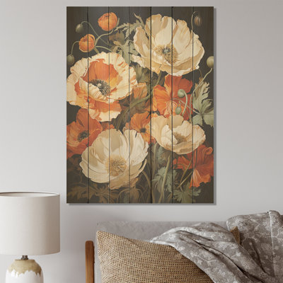 Champ de coquelicots jaunes et oranges - coquelicots sur bois