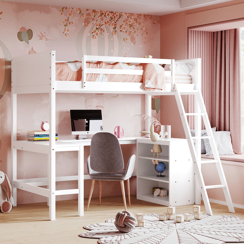 Lit mezzanine blanc avec bureau et tablettes. Structure en bois de pin massif pour plus de stabilité. Idéal pour les maisons à espace limité. Tablettes et espace de jeu supplémentaires - blanc, une étude paisible