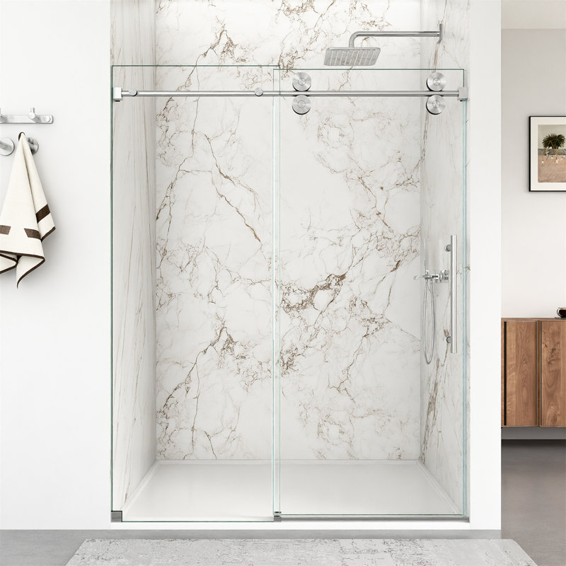 56"-60"W X 72"H Frameless Single Sliding Shower Door – 5/16" (8Mm) Clear Tempered Glass, Bypass Design, Brushed Nickel