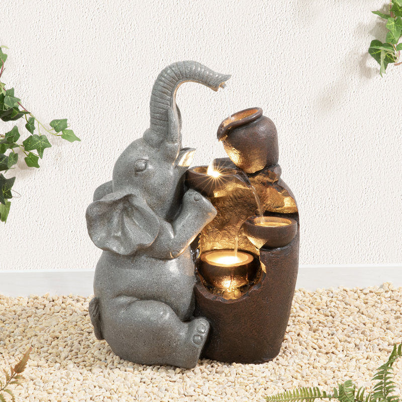 18.5"H 4-Tiered Elephant and Pot Polyresin Outdoor Fountain with Pump and LED Light (KD)