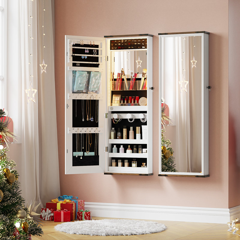Armoire à bijoux murale à miroir avec lumières à DEL, rangement pour maquillage et organisateur, Blanc