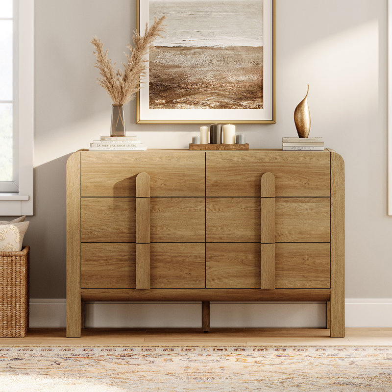 Commode de style Mid-Century moderne à 6 tiroirs pour la chambre à coucher, commode large à profil incurvé, rangement en bois pour garde-robe de chambre à coucher, salon