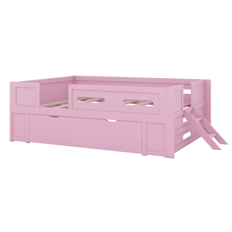 Lit plateforme double avec garde-corps et tiroir, cadre de lit plateforme en bois pour enfants avec support à lattes de bois 