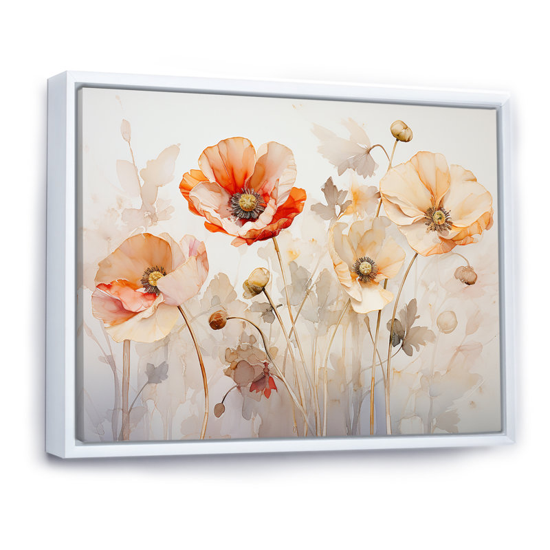 Beige, coquelicot, pré, mélodie IV, Cadre flottant blanc, H 12 po x l 20 po x P 1 po