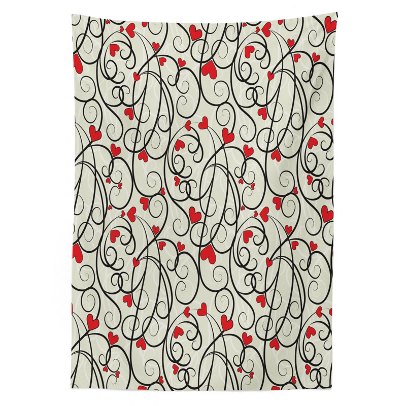 Ambesonne Love Tablecloth, Wave Floral Heart Summer Swirl Illustration Flourishes Foliage Classical, Rectangular Table Cover For Dining Room Kitchen Decor, 60" X 84", Eggshell Vermilion Black