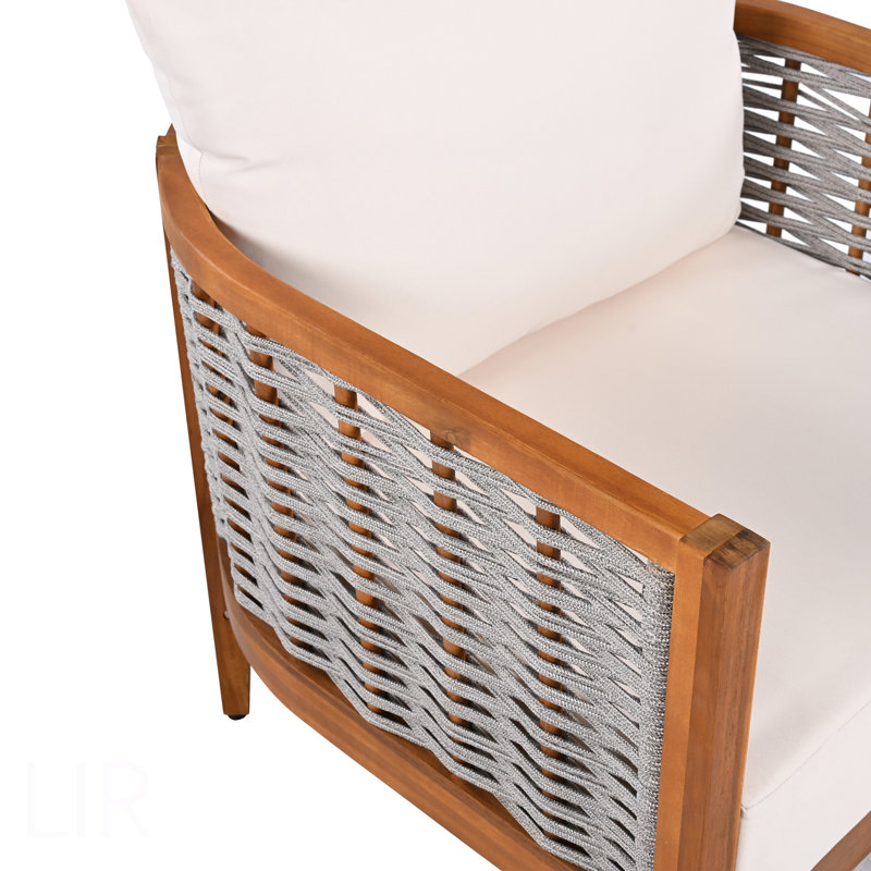 2 Pieces Outdoor Unique Tub Design Armchair With Woven Rope, Patio Furniture Acacia Wood Chair, Deep Seating With Soft Cushions For Porch, Garden, Backyard, Balcony, Teak Finish & Beige Cushion, Chair