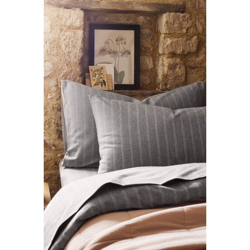 Flannel Stripe Duvet Cover Set, Queen Duvet Cover + 2 Standard Pillowcases, Silver