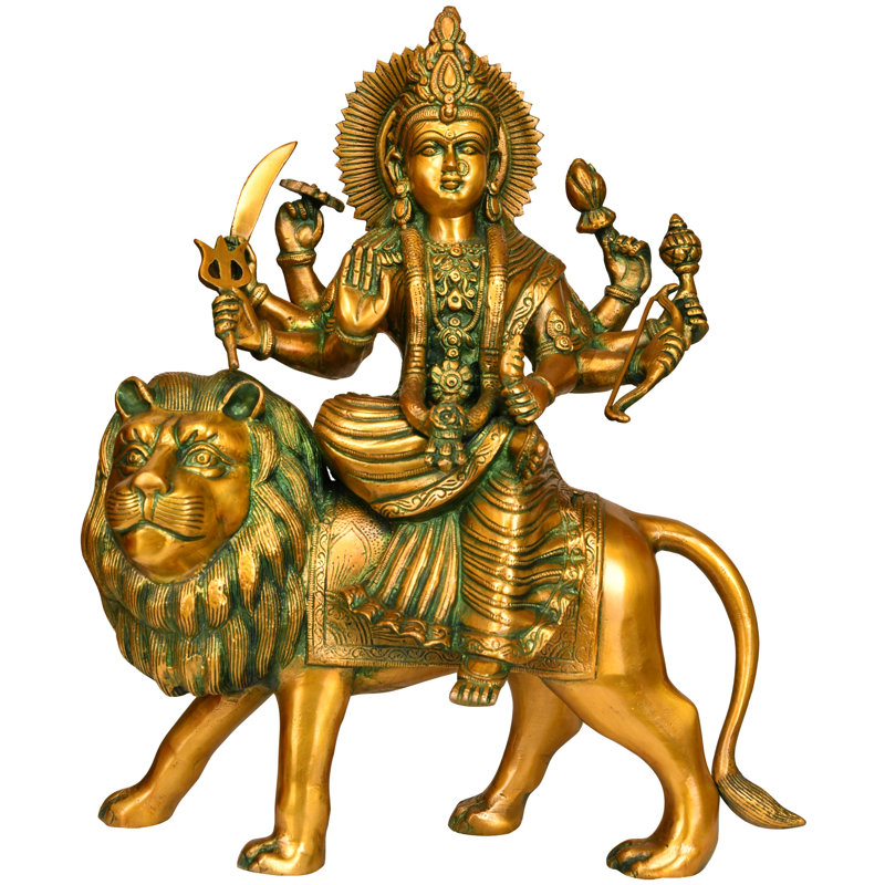 16" Goddess Durga On Lion Brass Sculpture - Handcrafted Multi-Armed Hindu Warrior Goddess Statue Religious Home Decor Art