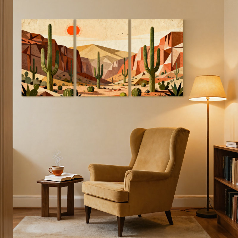 Paysage et nature, paysage désertique avec cactus et montagnes, ensemble de 3 impressions sur toile, H 18 po x l 36 po