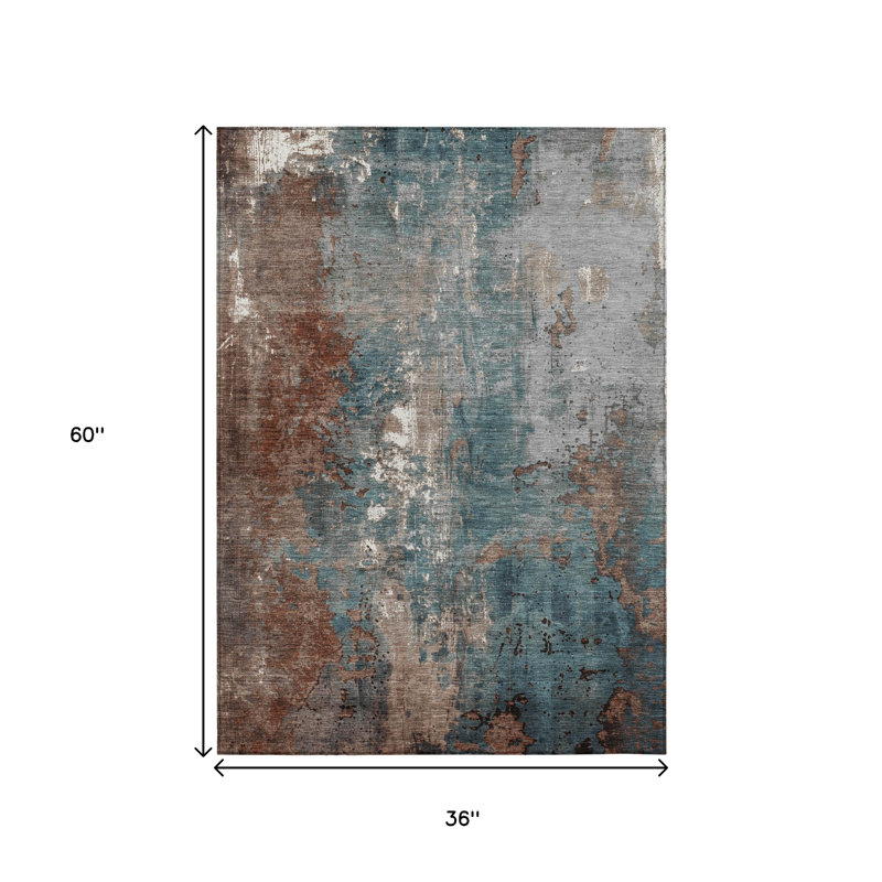 3' X 5' Rust And Teal Blue Abstract Washable Indoor Outdoor Area Rug