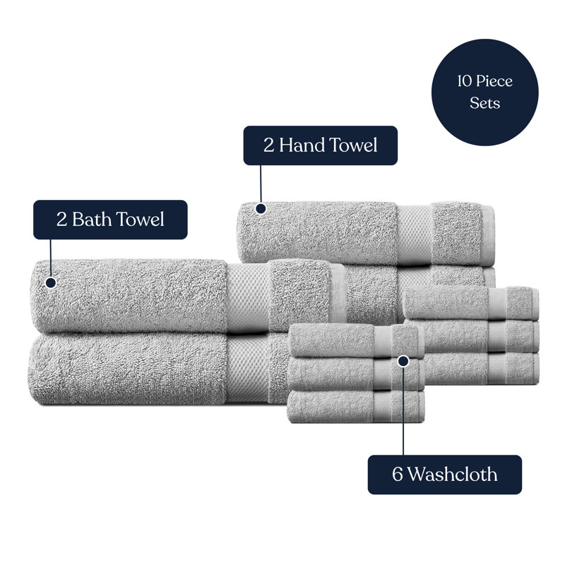 Delara Organic Cotton Plush Towel Set of 10, GOTS & OEKO-TEX Certified, 650 GSM, Soft, Quick-Dry, Absorbent, Hotel Quality