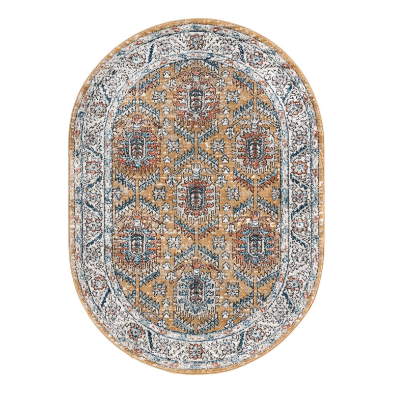 Weingartner Performance Mustard Yellow/Ivory/Blue Rug, Oval 4' x 6'