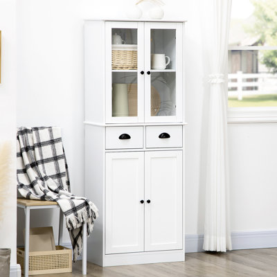61" Kitchen Pantry - White. Traditional Style With Soft Close Doors. 2 Drawers & Adjustable Shelves. Stores Dishes, Pots, Pans, Blenders. Living, Dining Room Freestanding In White, , Shelves For Dry