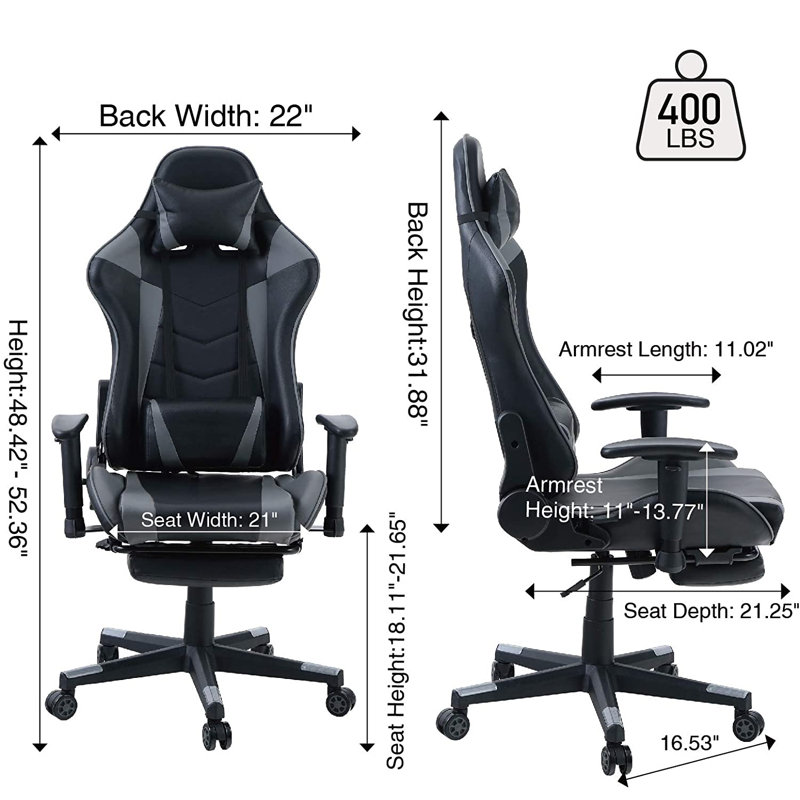 Chaise lombaire pour PC et jeu de course, Noir