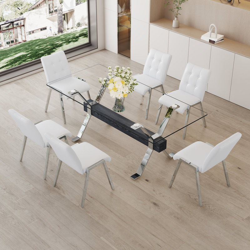 Ensemble de table de salle à manger, Blanc, 7, Argent / noir