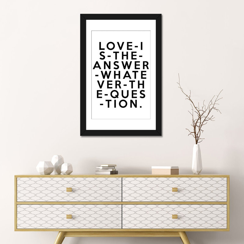«Love is the Response», art textuel sur toile, H 32 po x l 24 po x P 1 po, Papier d'art encadré noir, Blanc
