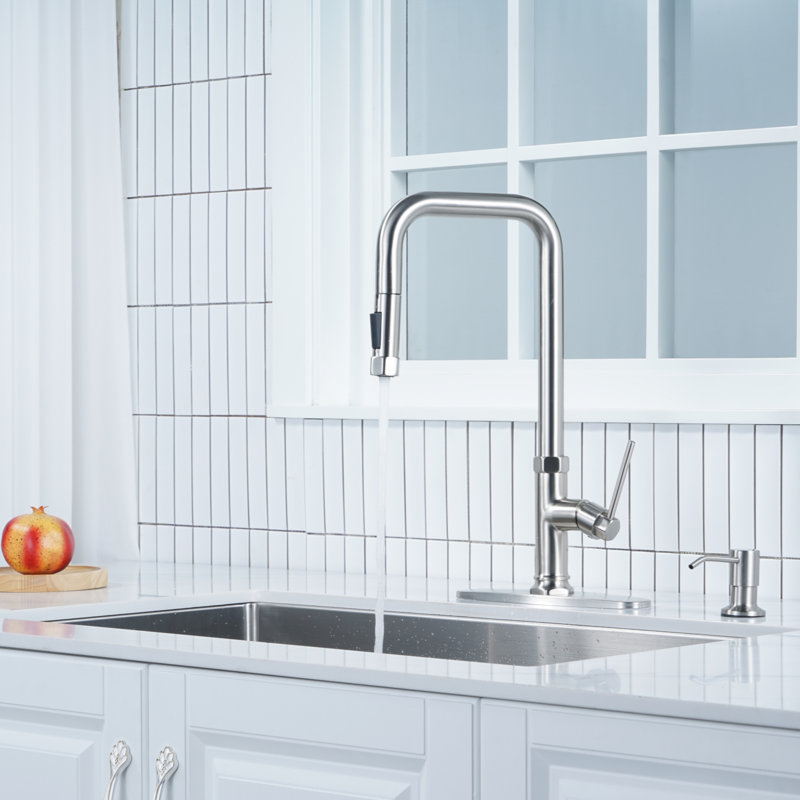 ARCORA Single Handle Pull Down Kitchen Faucet with Soap Dispenser and Deck Plate, Brushed Nickel