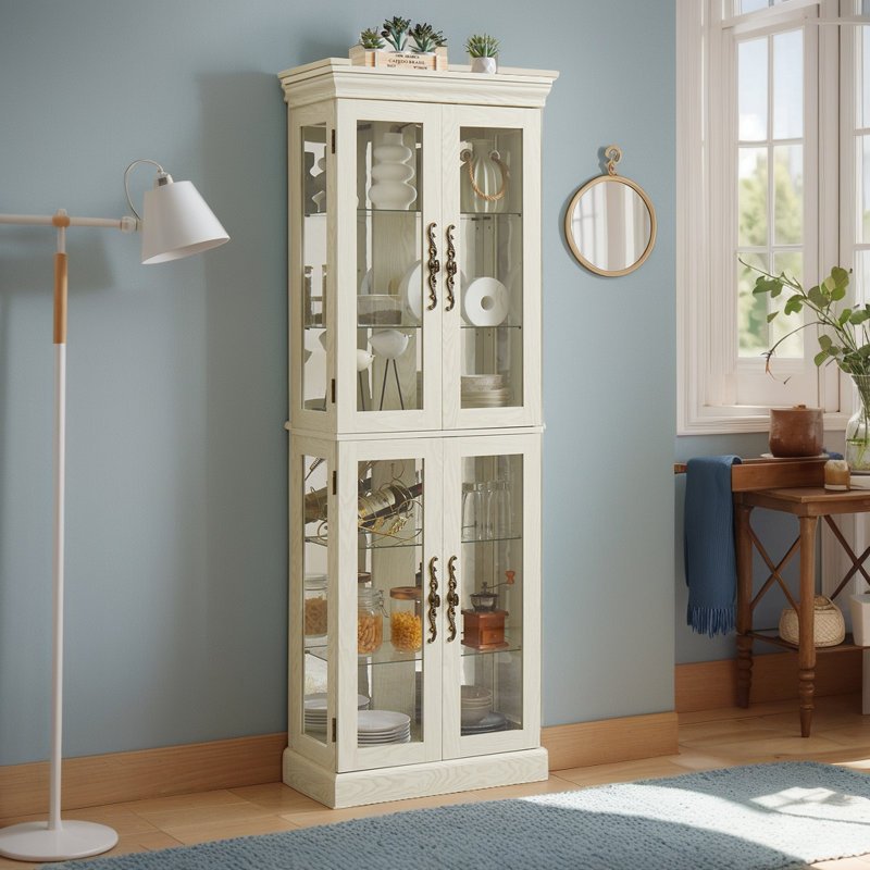 Vitrine en verre antique avec lumière et cloison réglable, Crème, crème