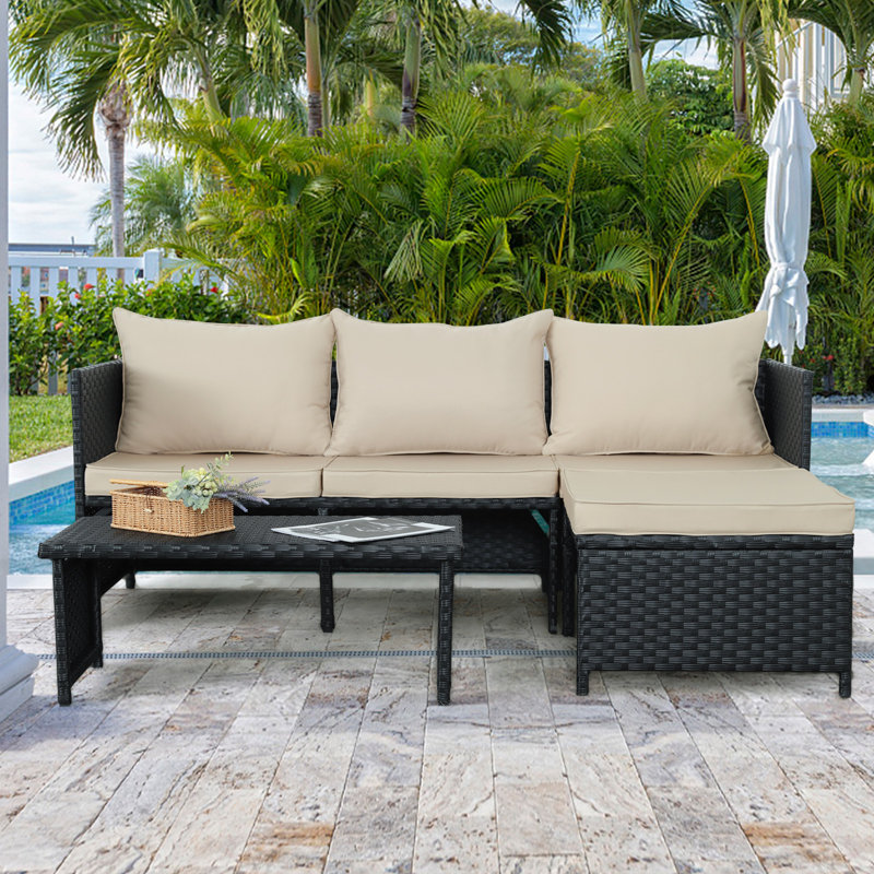 Othoson 4 - Person Outdoor Wicker Patio Conversation Furniture Set with Table and Cushion, Beige