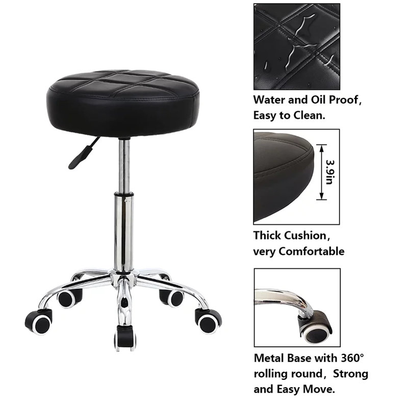 Tabouret pivotant rond à hauteur réglable avec roulettes pour le travail de bureau, Noir