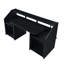 Bureau de musique rectangulaire noir avec 2 compartiments ouverts, une tablette au-dessus de la table, plusieurs trous de passage de câbles pour la disposition des fils, instruments audio à fixation par vis, écouteurs, en métal