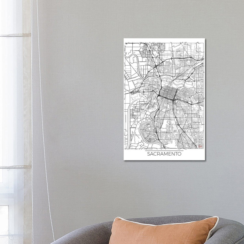Sacramento Minimal Urban Blueprint Map 1 Piece Wrapped Canvas Wall Art, 66.04 cm H x 45.72 cm W x 1.91 cm D