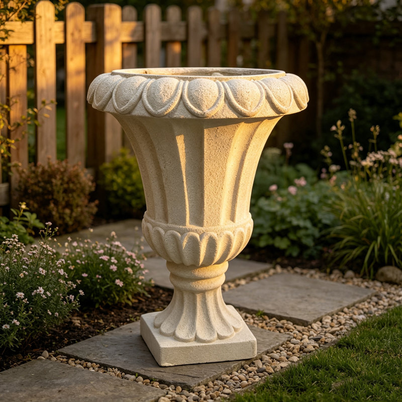 Grand pot de fleurs vertical cannelé en résine, de style romain, avec base carrée sur piédestal, vase décoratif à texture grès blanc cassé pour la décoration intérieure et extérieure (porche, terrasse, jardin).