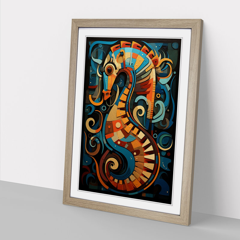 Seahorse Constructivism - Single Picture Frame Print on Wood, 46cm H x 34cm W x 2cm D, Oak