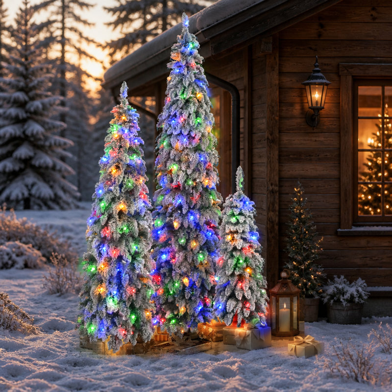 8FT, 6FT, 4FT Pre-Lit Pencil Christmas Trees, 3-Set Slim Artificial Christmas Tree With Snow Flocking, Xmas Holiday Decoration Tree, 1455 Branch Tips, 520 LED Lights, 11 Lighting Modes
